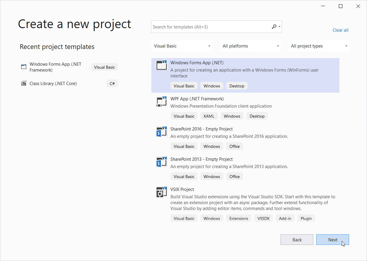 Creating a new Visual Basic .NET 5 App with Application Framework support