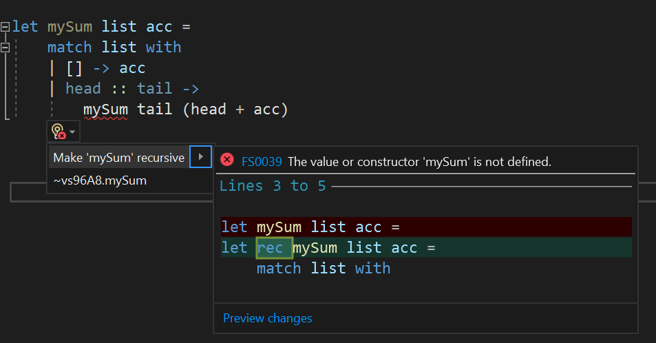 F# codefix for missing rec keyword