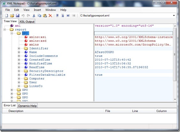 Image of viewing Group Policy report in XML Notepad